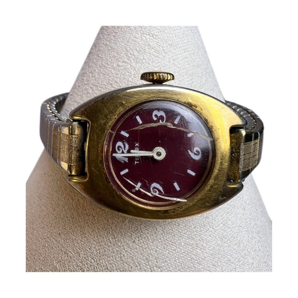 Vintage Timex Ladies Oval Wristwatch Burgundy Dial Stretch Bracelet